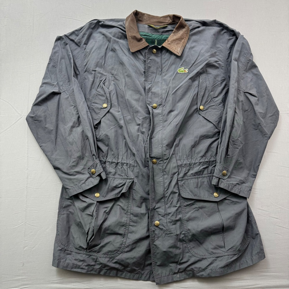 Vintage Lacoste Field Jacket Grey Leather Collar Plaid Lined Barn Coat Mens 4 L
